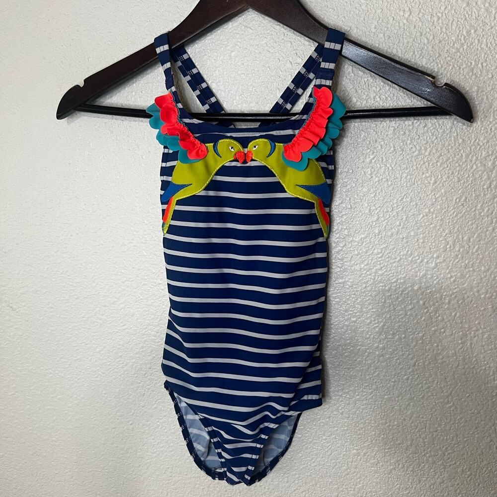Mini Boden blue white striped one-piece swimsuit  tropical bird GIRLS 7-8Y